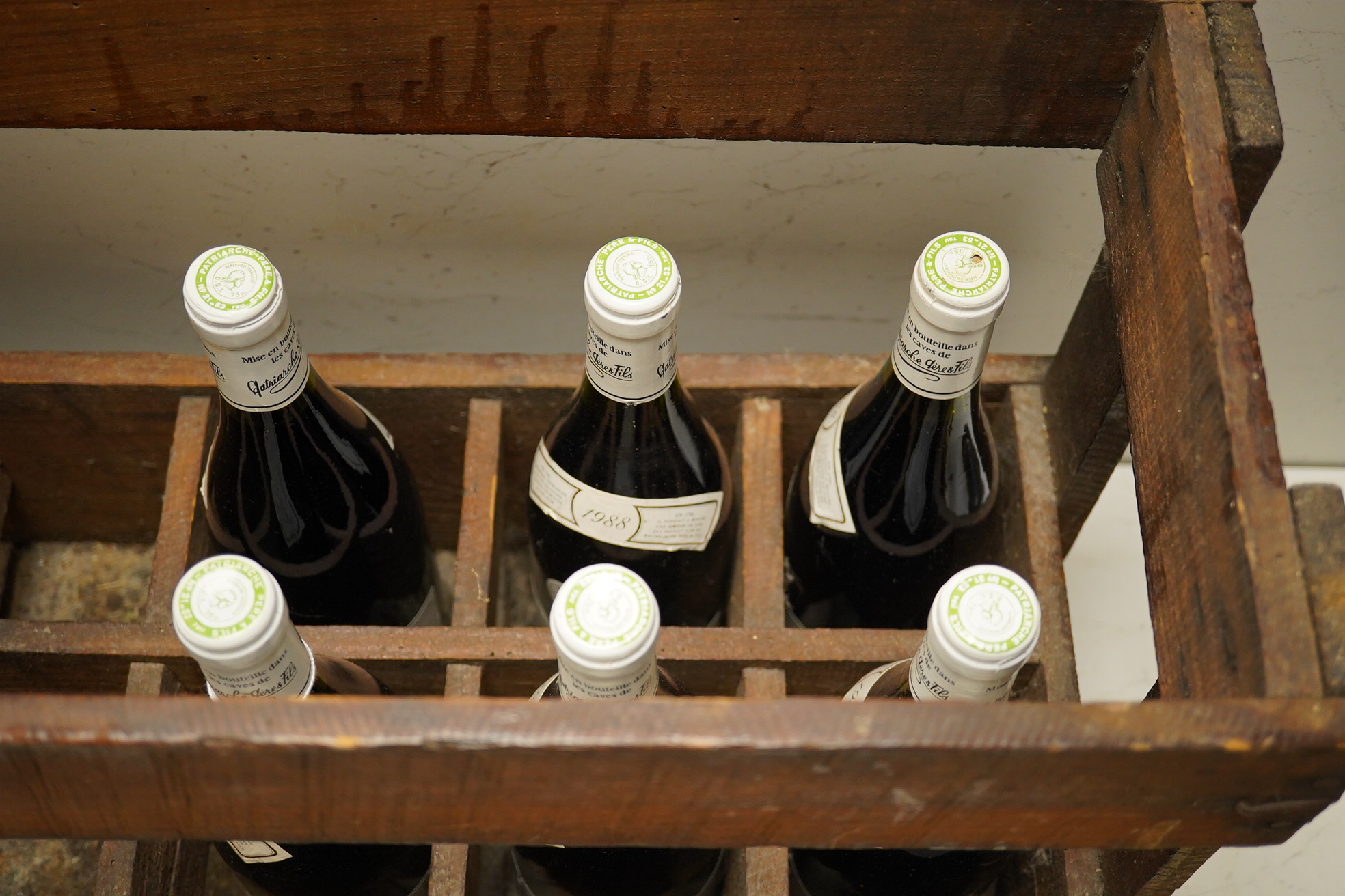 A crate of six bottles of Beaune Cent-Vignes 1988 Patriarche. Condition - unknown storage